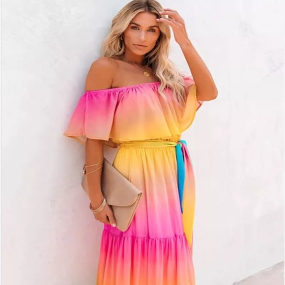 Rainbow Dress BOHO Maxi Off Shoulder - Ribbon Belt Waist - Flowing Hem - Picture 10 of 13